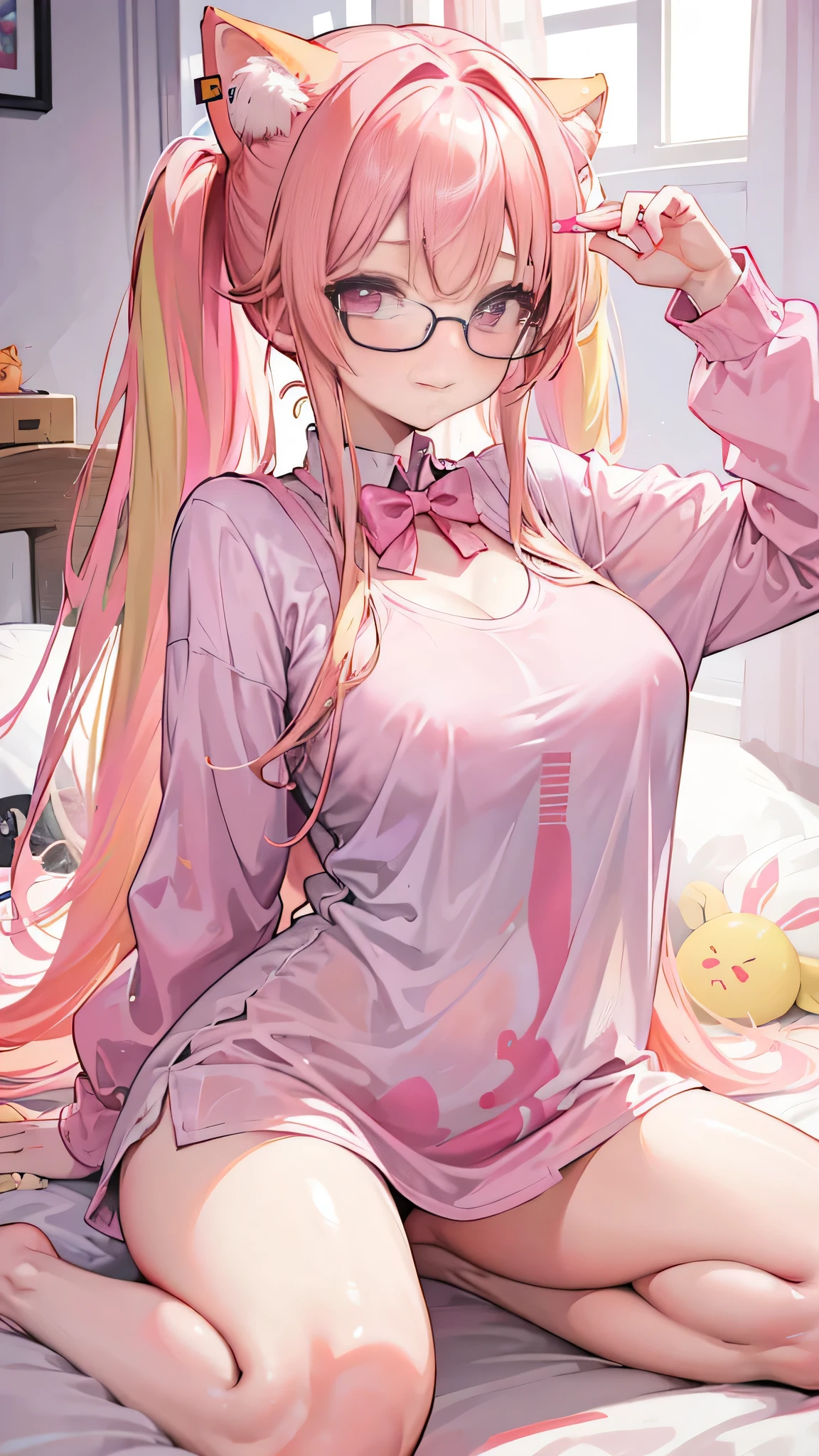 Asuka Langley, blush, cleavage,glowing aura, natural light, masterpiece, glossy skin, juicy lips ,long hair, cute, kawaii, adorable, kawaii clothes,random hair style,sexy, hot, , random expression, blonde hair, ((pink highlights in hair)), pink eyes, purple bunny ears, bonfie,glasses, pigtails and braids, bright pink eyes, , juicy lips, bimbo, hour glass, smile ,big lips, ((shirt tug pose))