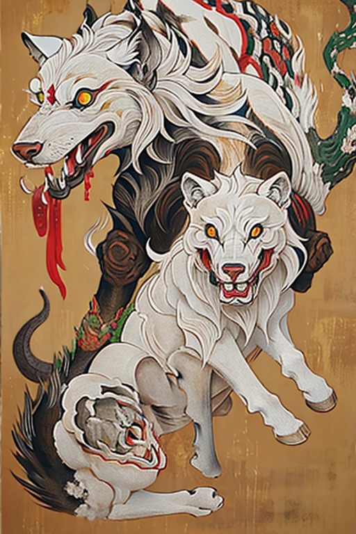 ((White Big Wolf)), ((festival)), ((Choju Jinbutsu Giga)), ((Four ink paintings)), Creepy, (Horror elements), Creepy , (primitive art), old picture scroll style,Ancient mural style