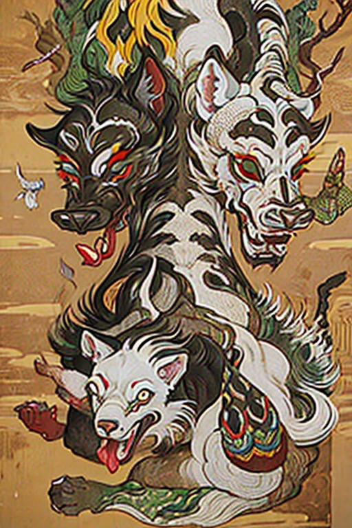 ((White Big Wolf)), ((festival)), ((Choju Jinbutsu Giga)), ((Four ink paintings)), Creepy, (Horror elements), Creepy , (primitive art), old picture scroll style,Ancient mural style
