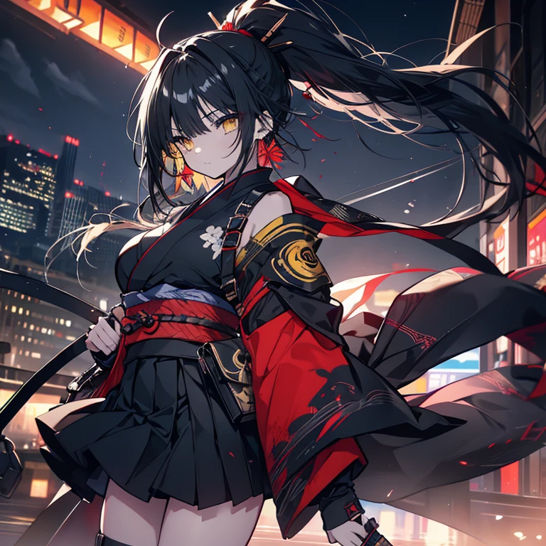 1 girl、Mature、Ample breasts、Long Hair、ponytail、Black Hair、Yellow Eyes、Ninja、kimono、Armament、Shoulder Bare、Miniskirt、Pointed handbag、Earrings、knife、Downtown、Blood splatter、Night view、Rooftop、cool、Battle Scenes、High resolution、Highest quality