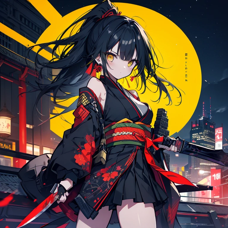 1 girl、Mature、Ample breasts、Long Hair、ponytail、Black Hair、Yellow Eyes、Ninja、kimono、Armament、Shoulder Bare、Miniskirt、Pointed handbag、Earrings、knife、Downtown、Blood splatter、Night view、Rooftop、cool、Battle Scenes、High resolution、Highest quality
