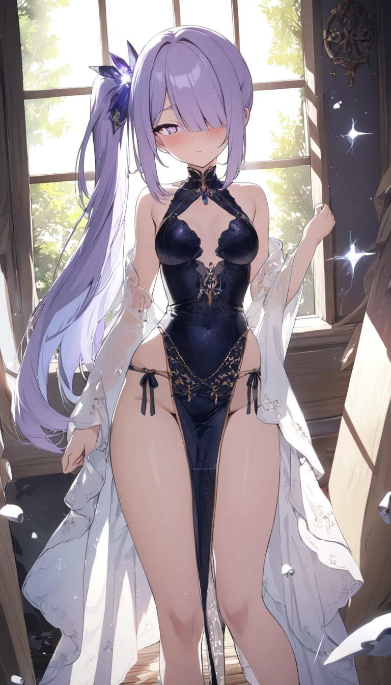 Long hair, blue and Iris purple hair, Side ponytail, hair over one eye, brushed eyes, diagonal bangs, ribbon, hair ribbon, evil eyes, heterochromia, Crystal Pupils, Light Blush, high detail, glowing light, ray tracing, high details, super detail, high quality, highres, Apricot high slit skirt，1080P, The snow-capped mountains sparkle silver in The sunlight The pine forest at The foot of The mountain is covered, Stunning, Exquisite, Comely, Charming, Aesthetically pleasing
