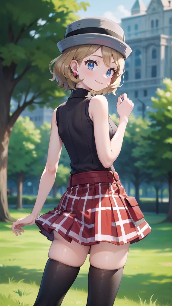 Masterpiece, perfect lighting, (beautiful, Best quality: 1.3), Perfect eyes, perfect anatomy, absurd, 8k, ccserena, solo, short hair, smile, in loved, (gray hats: 1.2), earrings, eyelashes, blue eyes, gray sweater, vest , sleeveless turtleneck, bare arms, plaid skirt, red skirt, thigh highs, black stockings, from behind, in the park at day