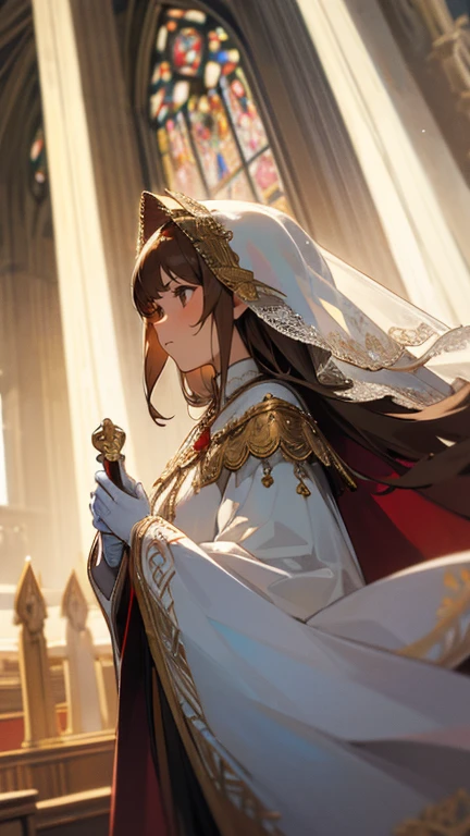 In front of the altar of a majestic church、casting judgement with magic, her voice echoing beautifully. Magic gathers around her, enveloping her in a holy aura as she chants girl with shoulder length light brown hair, Classic White Wedding Dresses、long white embroidered gloves, ceremonial robes, mass vestments, , enormous puffy sleeves, long cuffs with many buttons, golden embroidery, cross details, Long Train, lots of frills and lace, red capes, gently