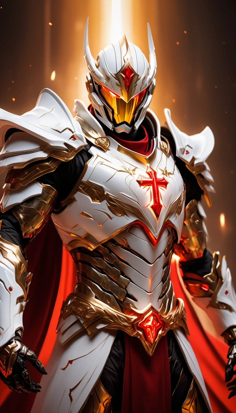 Masterpieces, male, Holy white Knight, (white armor) Action style shot, Glowing red colored Christian cross on chest made of a large gem on chest (Battle Priest in a warframe and halo style armor wielding a glass sword with radiant red light, emanating potent gold light magic.), (action shot: brandishing radiant sword), (white, red and silver color scheme), (5 red gems on belt), (large Christian cross on chest and abdomen), (red magic effects), (redhalf cape), white and red tabard (solid gold color background), (gold magic background effects), centered, full body shot fighting, sci-fi knight, Halo master chief, vibrant colors, visible figure joints, cinematic shot, volumetric lighting, intricate pattern detail, highly detailed