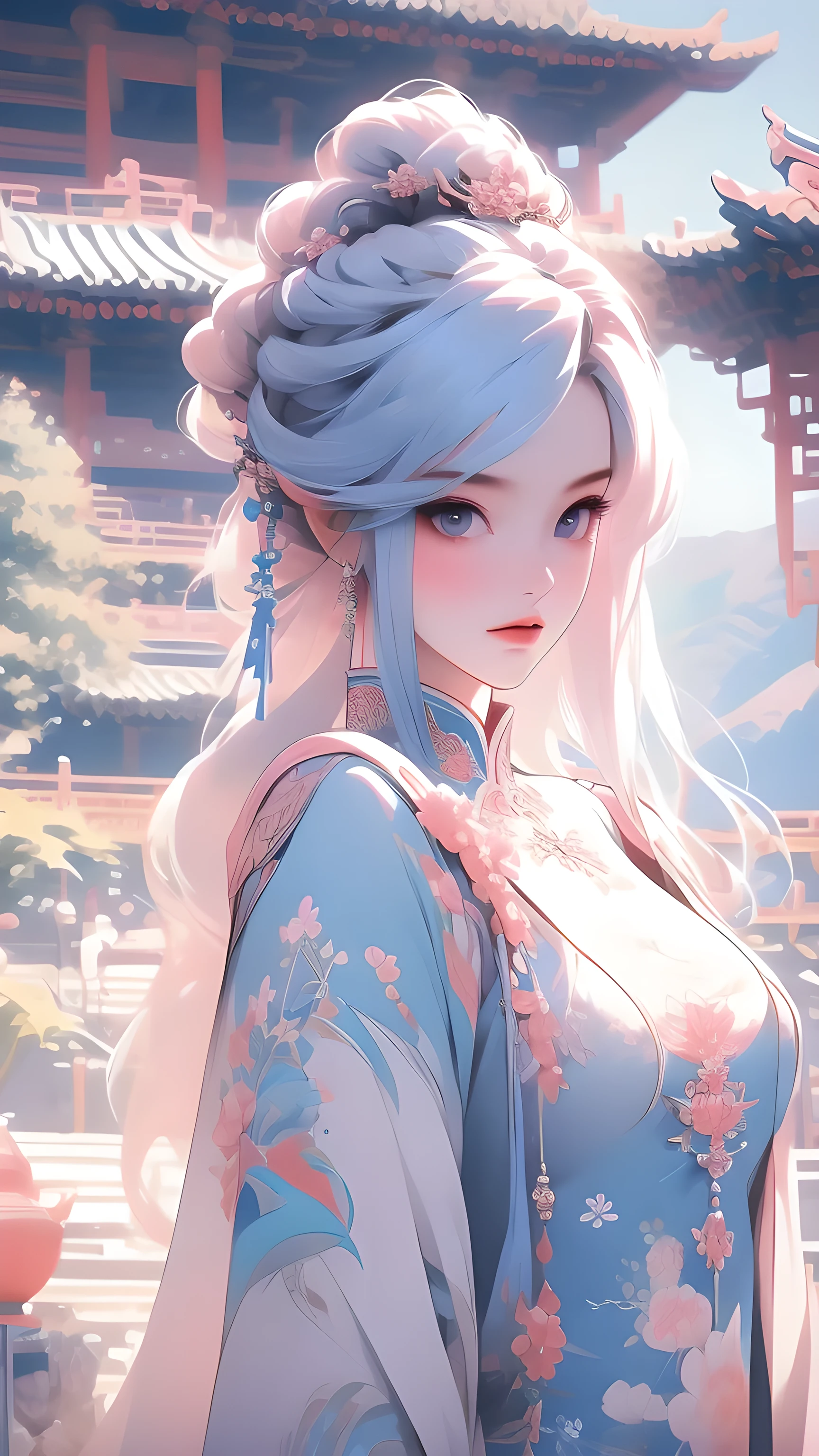 High quality image 8k resolution sky landscape blue space picture 2 beautiful girls with long light pink hair chinese fashion style behind the 2 girls is a colorful blooming garden honest clear every detail camera f2.4 resolution original camera frame f1.8 Ultra HD