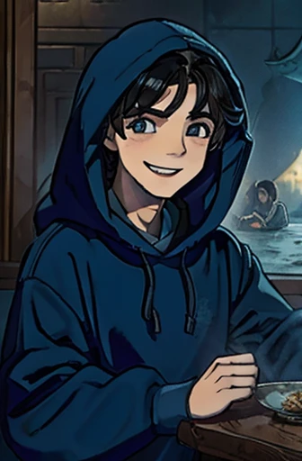 naughty man, blue sweatshirt, hooded cloak, Shark , dark hair, day Of course, smiling happily