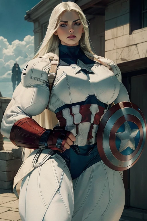 ((Close-up)), tall, (White hair) beautiful muscular woman, long straight hair, light brown skinned, closed smile, large breast, (black lipstick), (massive muscles), (hyper muscle), ((ginormous bulky muscles)), blue eyes, (((white captain America suit))), (Captain America pants), choker, boots, in front of the sun at night, 