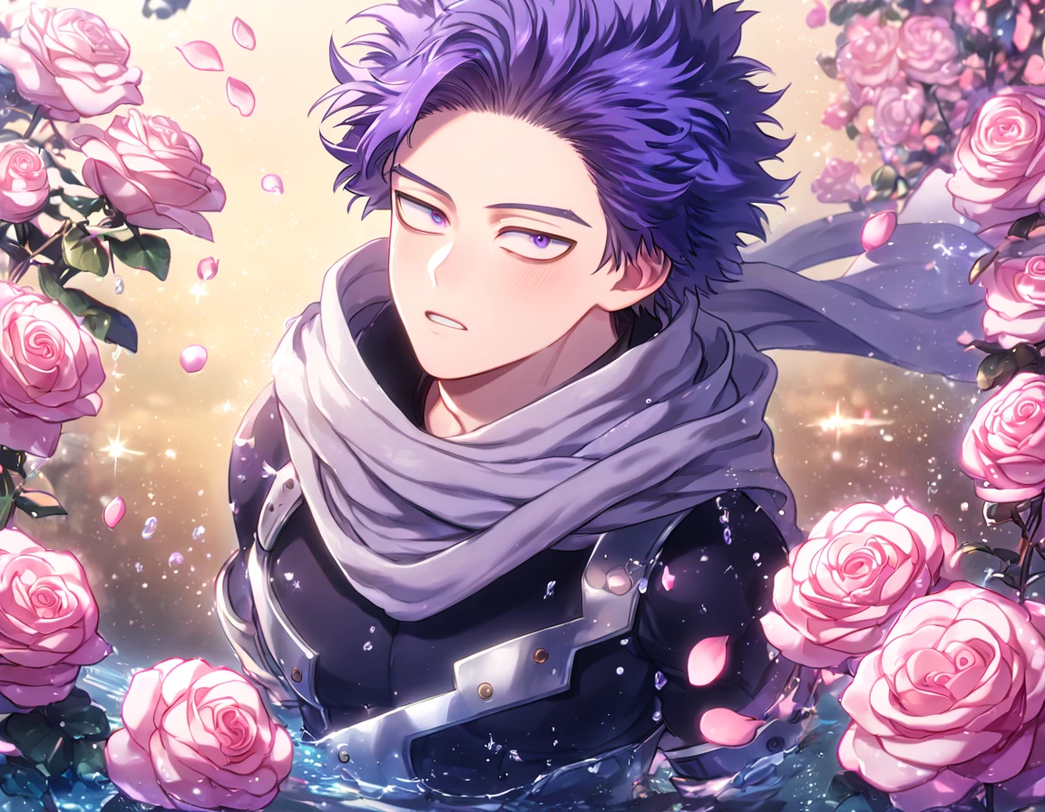 absurdres, highres, ultra detailed, HDR, masterpiece, extremely detailed, Shinsou Hitoshi, indigo hair, messy hair, expressive purple eyes, Boku No Hero Academia, solo, sexy man, handsome, sensual, horny, gray scarf, black hero clothes, water, magical, fantasy, glittering, shining, pink roses, blossoms, petals, in woderland, clock