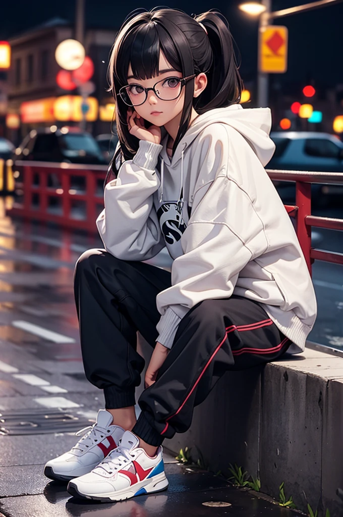 an anime girl sitting on the walkway in a city looking at the rain, 1girl, solo, shoes, hood, glasses, rain, sitting, ponytail, black hair, long hair, hoodie, sneakers, pants, blurry, black-framed eyewear, long sleeves, night, hood down, bangs, closed mouth, blurry background