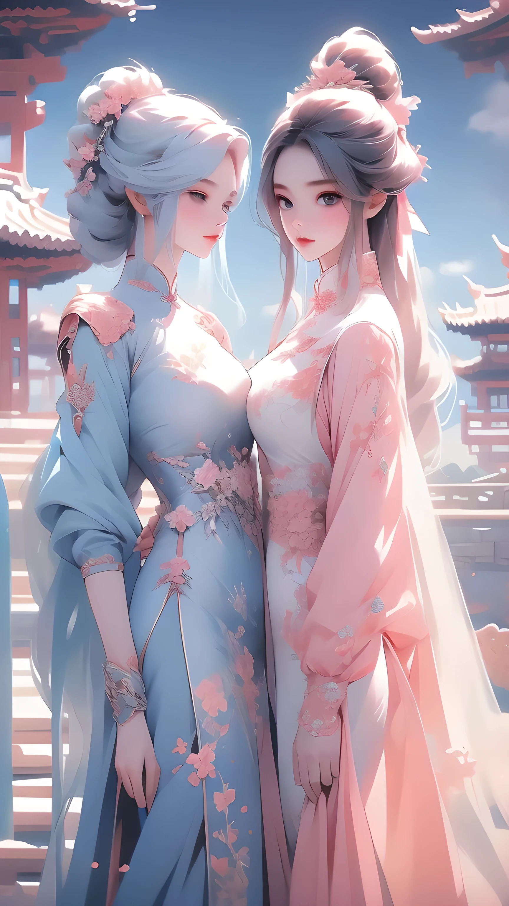 High quality image 8k resolution sky landscape blue space picture 2 beautiful girls with long light pink hair chinese fashion style behind the 2 girls is a colorful blooming garden honest clear every detail camera f2.4 resolution original camera frame f1.8 Ultra HD