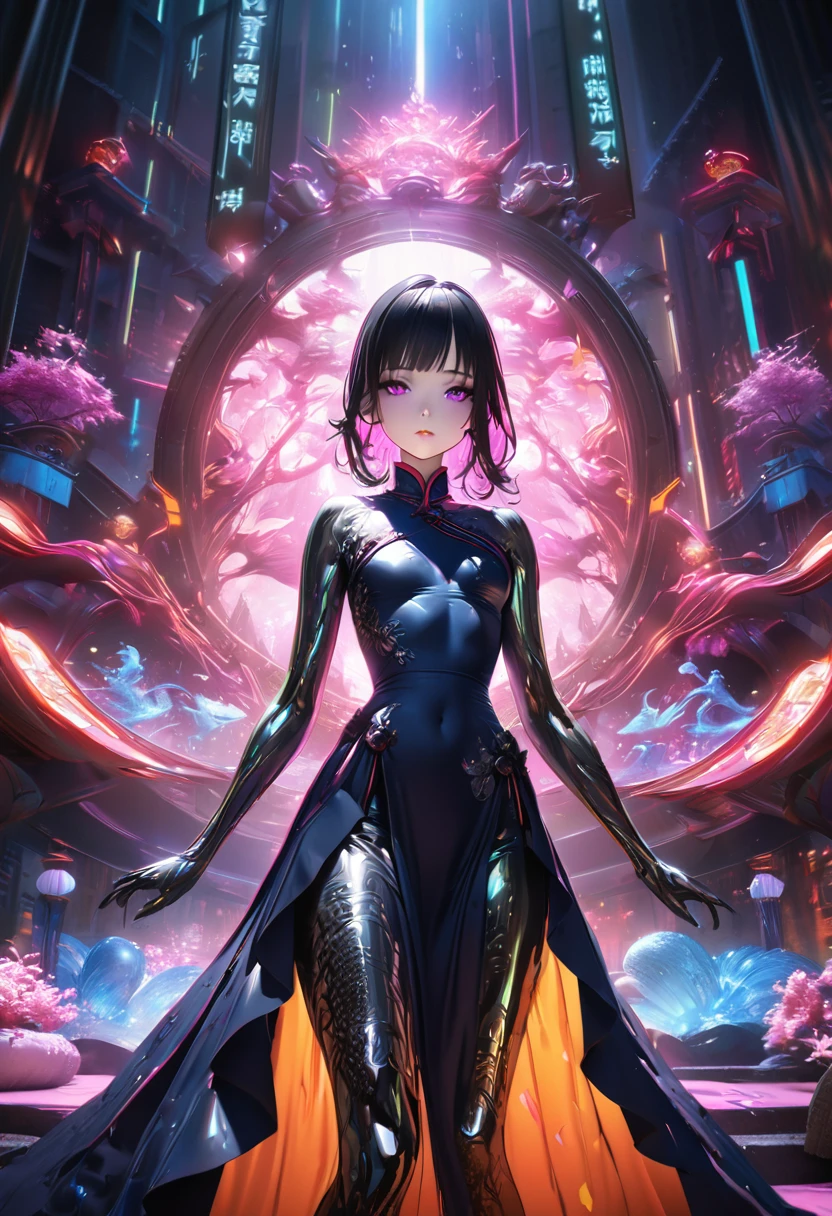 beautiful young girl in chinese qipao dress, liquid metal skin, extremely detailed face and delicate features, porcelain skin, long black hair, elegant pose, dramatic lighting, cinematic composition, surrealism, 8k, photorealistic, masterpiece, high-end 3d rendering, award-winning concept art, unreal engine, hyper-realistic rendering, cinematic mood, mercurial colors, dramatic lighting, neon cyberpunk colors, neo-tokyo aesthetics