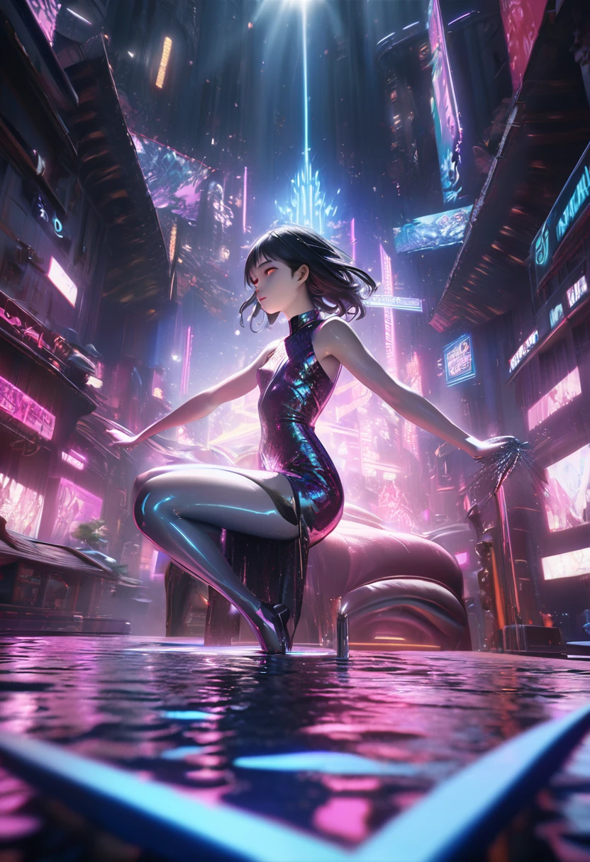 beautiful young girl in chinese qipao dress, liquid metal skin, extremely detailed face and delicate features, porcelain skin, long black hair, elegant pose, dramatic lighting, cinematic composition, surrealism, 8k, photorealistic, masterpiece, high-end 3d rendering, award-winning concept art, unreal engine, hyper-realistic rendering, cinematic mood, mercurial colors, dramatic lighting, neon cyberpunk colors, neo-tokyo aesthetics