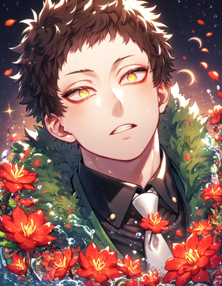 absurdres, highres, ultra detailed, HDR, master piece, Overhaul, dark brown hair, short hair, short bangs, expressive yellow eyes, long eyelashes, green coat with a fur collar, black shirt, white necktie, Boku No Hero Academia, sexy man, handsome, best quality, red glittering crescent moon, red flowers, fantasy, magical, solo, water, red shining fireflies, red petals, sensual
