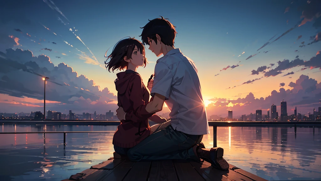 casal de アニメ sentado em uma varanda watching the sunset, watching the sunset. アニメ, Lofi Stylestyle, arte de fundo de アニメ, paisagem urbana estilo アニメ, Linda cena de アニメ, Lofi Style, in the style of makoto shinkai, 4k manga wallpaper, makoto shinkai cyril rolando, paisagem urbana de アニメ hd, Paisagem de Ilya Kuvshinov, Papel de parede de アニメ 4K