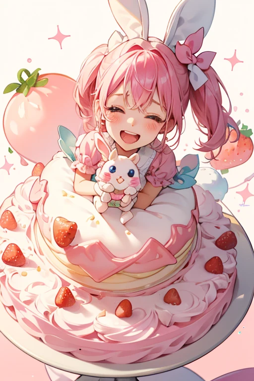 A bubblegum-colored layered cake girl bunny with vanilla cream at the center and piled high on top, adorned by a pink strawberry with stem. She has a wide opened mouth and is squint-winking, and she wears a hot pink bow. SPARKLE; GLITTER