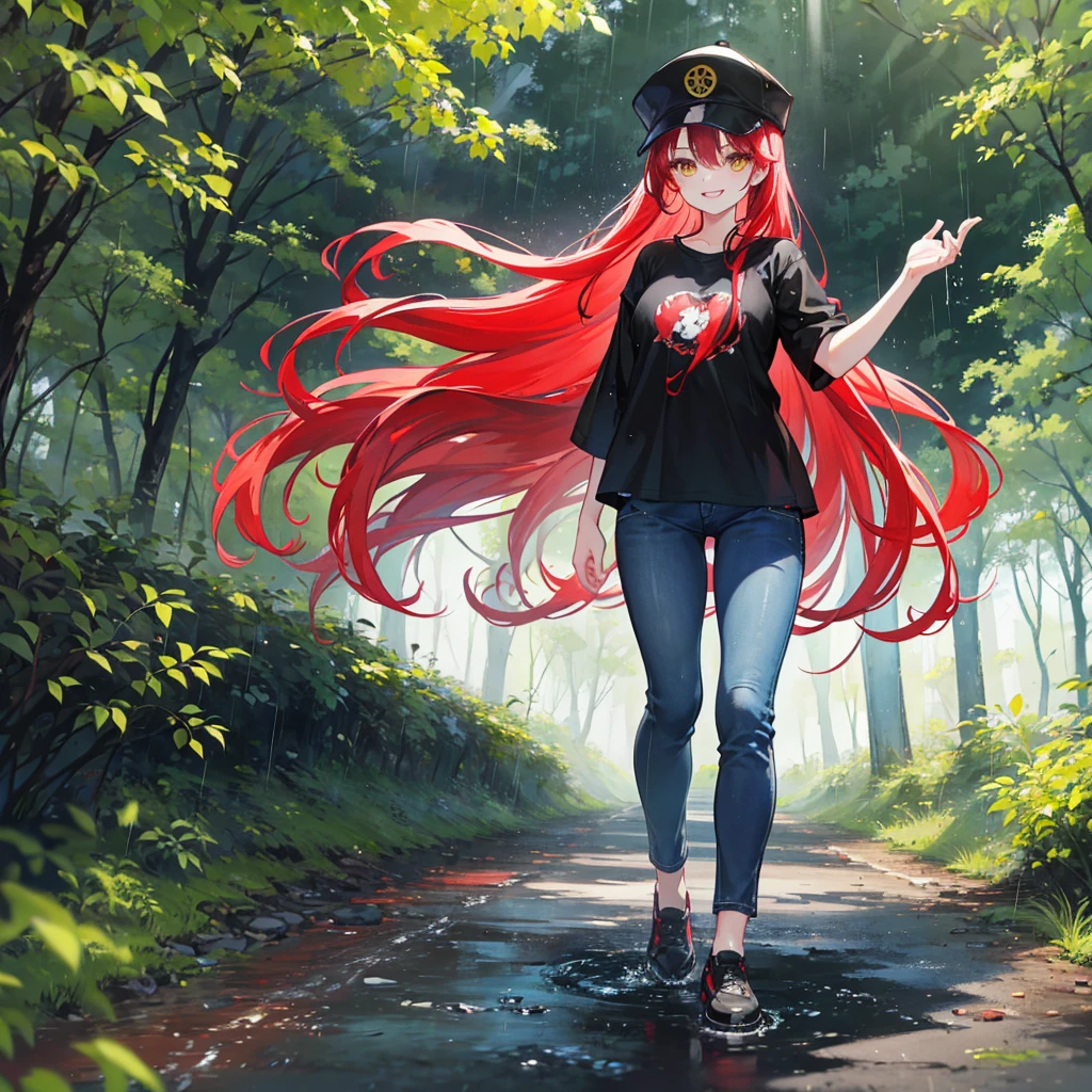 Forest, it's raining, there's a stream、30 years old、1 girl、Yellow eyes、(full Body:1.4)、(Very smiling:1.2)、Long red hair、Jeans、Black shirt、Black cap