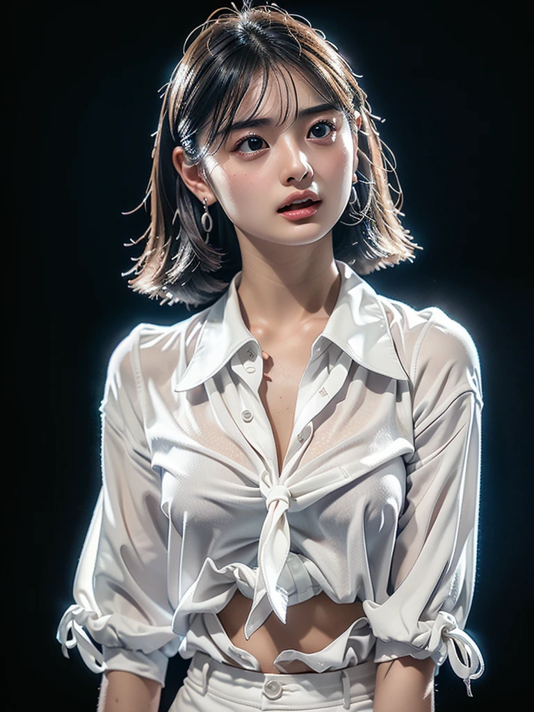 Gray color background、Professional Lighting、(((Professional Lighting 1.5)))、Translucent skin texture、Beautiful Skin、Beautiful Skin、、(((Whitening 1.5)))、、、音符のEcstasy、((White Shirt 1.5))、Open your chest wide 1.4、Very good、Mid-shot photo、Simple Earrings、((Brown Hair))、Tie your hair、Sex Appeal、Sex Appeal、Ecstasy、(((Mid-shot photo1.5))、(((1. Open the front of your shirt wide.85)))、Be sure to watch your audience