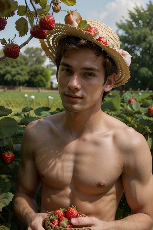 Young cute handsome white skinny face beautiful soft skin shirtless naked big penis in a strawberry garden in a basket hat