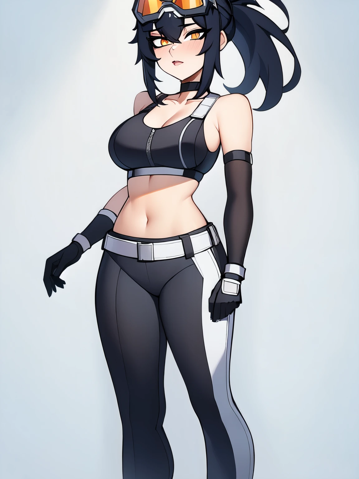 (masterpiece, best quality:1.2), 1girl, solo, Grace Howard, Grace Howard from Zenless Zone Zero, bare shoulders, black choker, black gloves, white gloves, black pants, black sports bra, elbow gloves, goggles on head, looking at viewer, low ponytail, medium breasts, midriff, navel, parted lips, white gloves, zipper, belt, (Full Body Shot)
