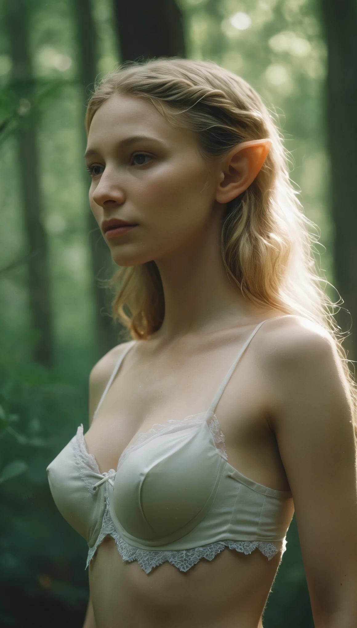 analog film photo, photo of a young elf girl, 18 years-old, elf, elf ears, long pointy ears, long shaggy hair, light-brown sun-tanned skin, goosebumps, pretty, natural beauty, tall, full hourglass figure, curvaceous and toned, humongous butt, fat ass, busty, wearing a cotton bralette, posing in a misty forest, resembles Cate Blanchett, RAW Photograph, dslr, soft lighting, high quality, film grain, Fujifilm XT3, detailed skin with visible pores, insane details, masterpiece, 8k, 35mm photograph, dslr, kodachrome, faded film, desaturated, grainy, vintage, Lomography, stained, highly detailed, found footage, close-up shot, elven ears