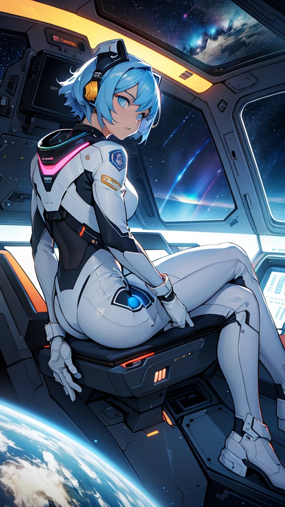 1 girl with 1 boy, with astronaut suits inside a spaceship, sitting at the Control Panel with worried faces. In the background, a view of space with meteorites crossing near the ship, ambient lights casting soft shadows in the futuristic cabin, Maximum quality、animated landscape、Xin Haichen、building、field、Milky Way 110207,(zoom out:1.1),(meteor:1.2)、(comet:1.1,Your name、low angle、from behind、ALLOWED、de la Maximum quality、masterpiece、cloud、showy、starry sky、performer、with mechanical manipulators, operate advanced holographic interfaces, Manipulate digital data and spacecraft controls with precision and ease, masterpiece, Best Quality, awesome face, symmetrical light eyes, detailed eyes and face, detailed body, shiny skin, detailed skin, sitting in futuristic chairs, view into space