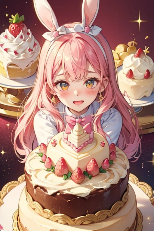 A gold layered cake girl bunny with dark yellow cream at the center and piled high on top, adorned by a pink strawberry with stem. She has a wide opened mouth and faint blushed cheeks, and she is squint-winking. She wears a hot pink bow SPARKLE; GLITTER