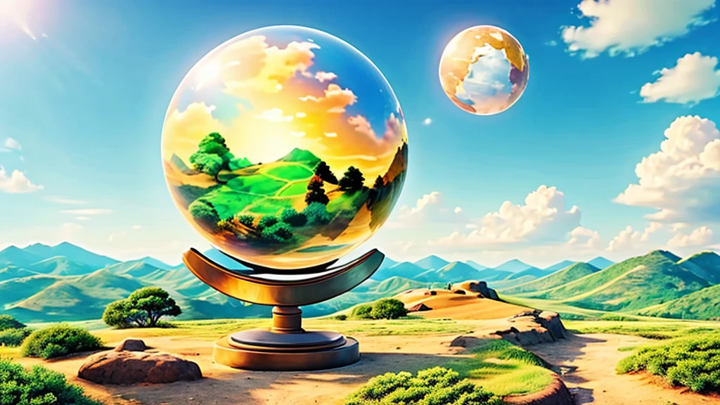 Highest quality、Highest quality、A globe floating in the bright sky、A spectacular view of the journey、Landscape only