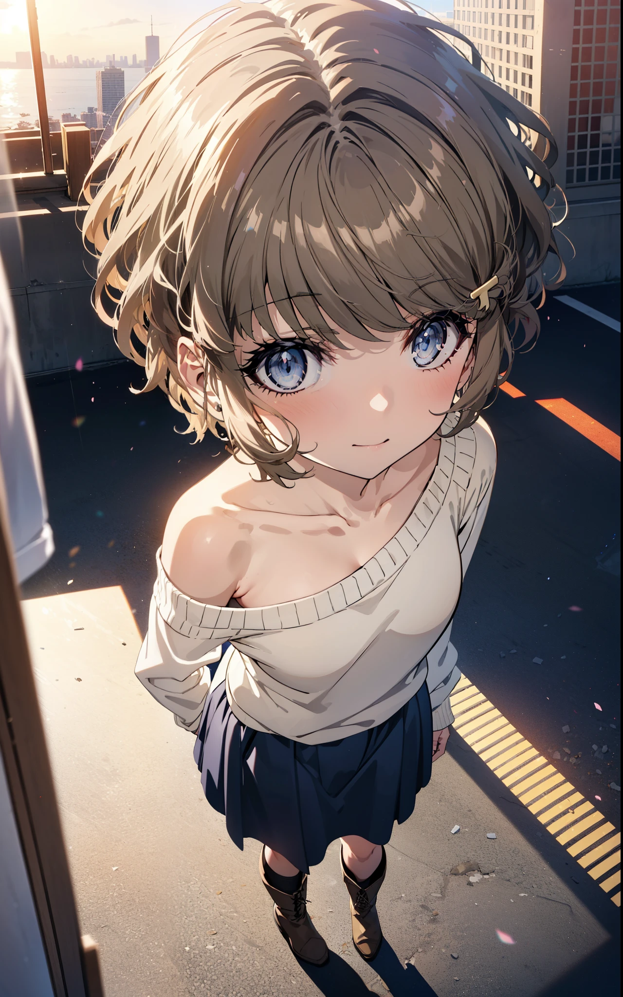 tomoekoga, Chie Koga, short hair, Brown Hair, blue eyes, Hair Clip,smile,One-shoulder sweater,Long skirt,short boots,Walking,morning,morning陽,The sun is rising,whole bodyがイラストに入るように,
break outdoors, Building district,
break looking at viewer, whole body,
break (masterpiece:1.2), Highest quality, High resolution, unity 8k wallpaper, (figure:0.8), (Beautiful attention to detail:1.6), Highly detailed face, Perfect lighting, Highly detailed CG, (Perfect hands, Perfect Anatomy),