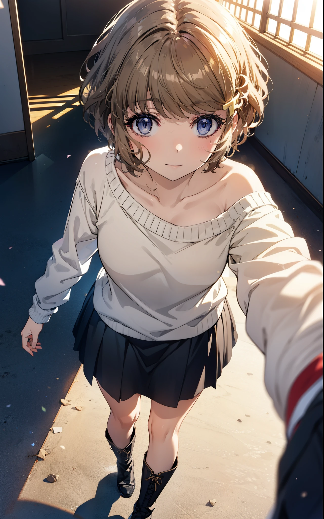 tomoekoga, Chie Koga, short hair, Brown Hair, blue eyes, Hair Clip,smile,One-shoulder sweater,Long skirt,short boots,Walking,morning,morning陽,The sun is rising,whole bodyがイラストに入るように,
break outdoors, Building district,
break looking at viewer, whole body,
break (masterpiece:1.2), Highest quality, High resolution, unity 8k wallpaper, (figure:0.8), (Beautiful attention to detail:1.6), Highly detailed face, Perfect lighting, Highly detailed CG, (Perfect hands, Perfect Anatomy),