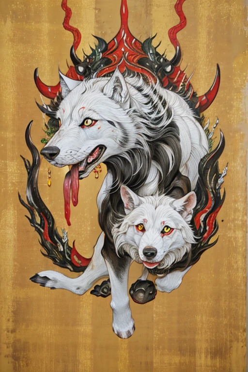 ((White Big Wolf)), ((festival)), ((Choju Jinbutsu Giga)), ((Four ink paintings)), Creepy, (Horror elements), Creepy , (primitive art), old picture scroll style,Ancient mural style
