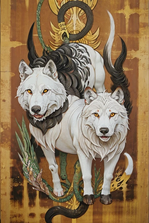 ((White Big Wolf)), ((festival)), ((Choju Jinbutsu Giga)), ((Four ink paintings)), Creepy, (Horror elements), Creepy , (primitive art), old picture scroll style,Ancient mural style
