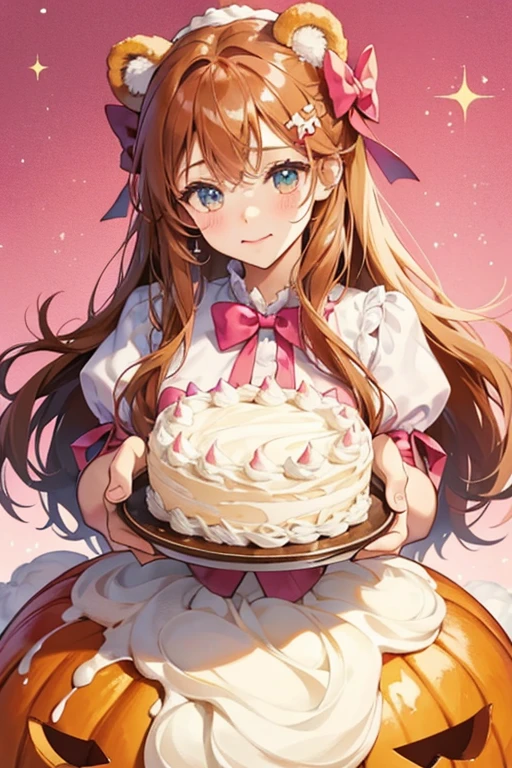 A pumpkin cake girl bear with cream cheese ears to match the frosting around the middle and that piled high on top of its head, spilling down the front and decorated with brown sprinkles. It has a basic expression and wears fuchsia bows. SPARKLE; GLITTER