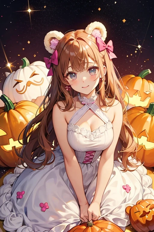 A pumpkin cake girl bear with cream cheese ears to match the frosting around the middle and that piled high on top of its head, spilling down the front and decorated with brown sprinkles. It has a basic expression and wears fuchsia bows. SPARKLE; GLITTER