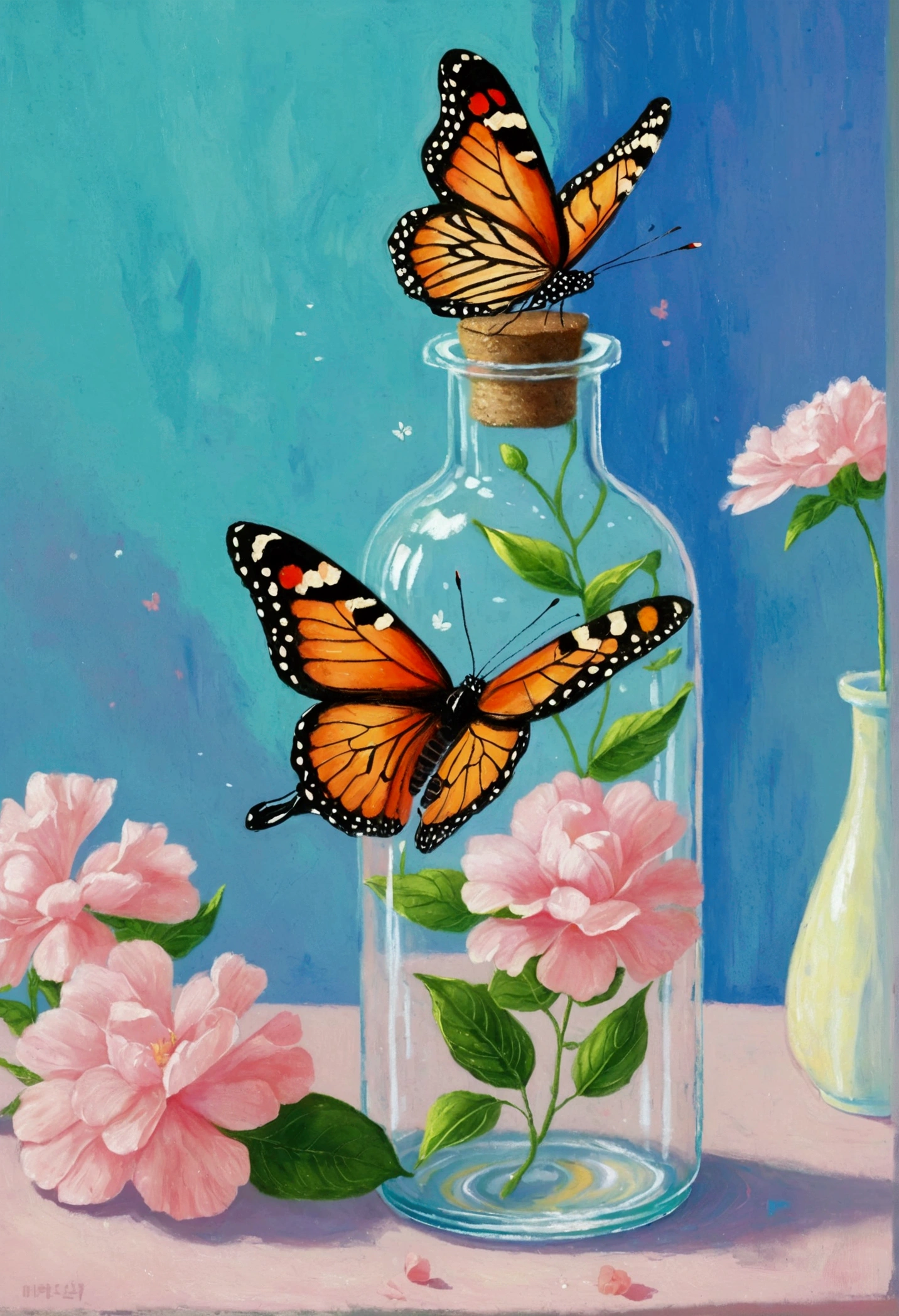 A painting,Pastel Art。Butterfly in a glass bottle。