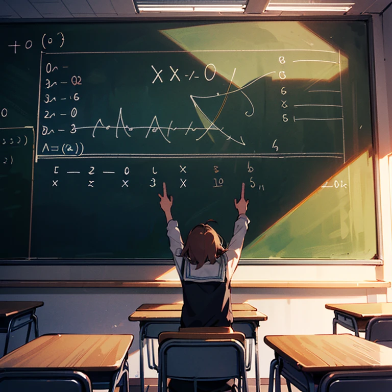 "A classroom setting with a large chalkboard displaying a polynomial equation, such as '3x² + 4x + 5 = 0.' The teacher is pointing to the number '3' in front of the 'x²' term, emphasizing it as the coefficient. Next to the equation, a diagram illustrates how coefficients affect the shape and position of a graph on a coordinate plane. Textbooks and calculators on desks further convey a sense of mathematical exploration and learning. The scene captures the concept of a coefficient as a numerical factor in mathematical expressions."