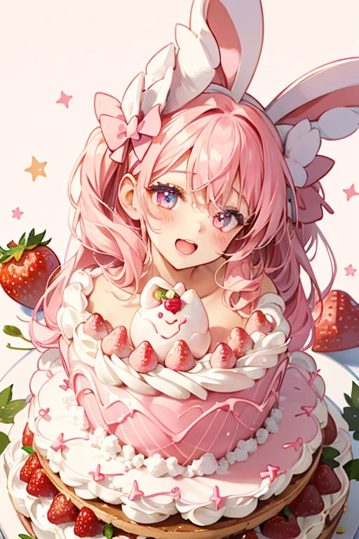 A chocolate layered girl bunny cake with pink cream in the middle and glittery pink cream piled high on top, adorned by a strawberry with stem. She has a squint-winking eye and wie opened mouth. She wears a cherry bow on her ears. SPARKLE; GLITTER