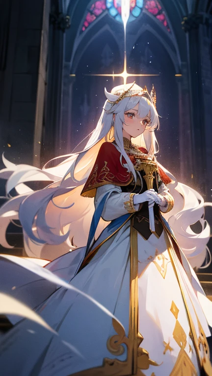 In front of the altar of a majestic church、casting judgement with magic, her voice echoing beautifully. Magic gathers around her, enveloping her in a holy aura as she chants girl with long white hair, Classic White Wedding Dresses、long white embroidered gloves, ceremonial robes, mass vestments, , enormous puffy sleeves, long cuffs with many buttons, golden embroidery, cross details, Long Train, lots of frills and lace, red capes, gently