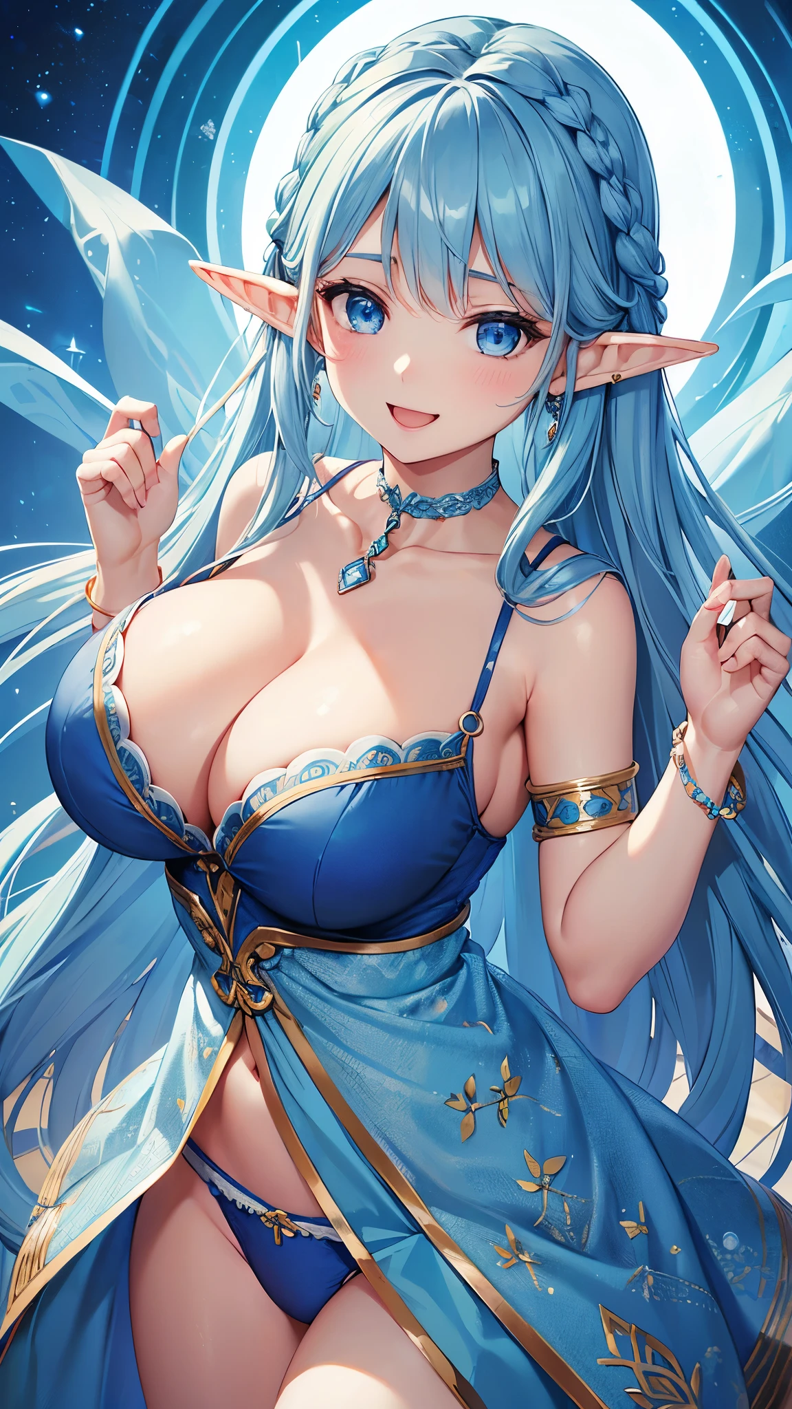 Highest quality、Highest quality、masterpiece、(8k resolution),beauty(Age 25)、(Mature Appearance)、Light blue long hair(Braiding of sides)、blue eyes、(Blue underwear with detailed embroidery)、(Elf)、Big cleavage、((Very large breasts))、smile、blue necklace、Blue Earrings、background(ice)、Please open your mouth wide、bracelet、Dynamic pose、Blue choker、