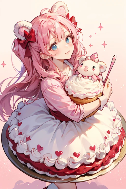 A girl chocolate cake cat with a layer of pink dollops of cream in the middle, pink frosting scallops around the top, and dollops of white cream on the top. He has an excited expression and light red blushed cheeks. SPARKLE; GLITTER