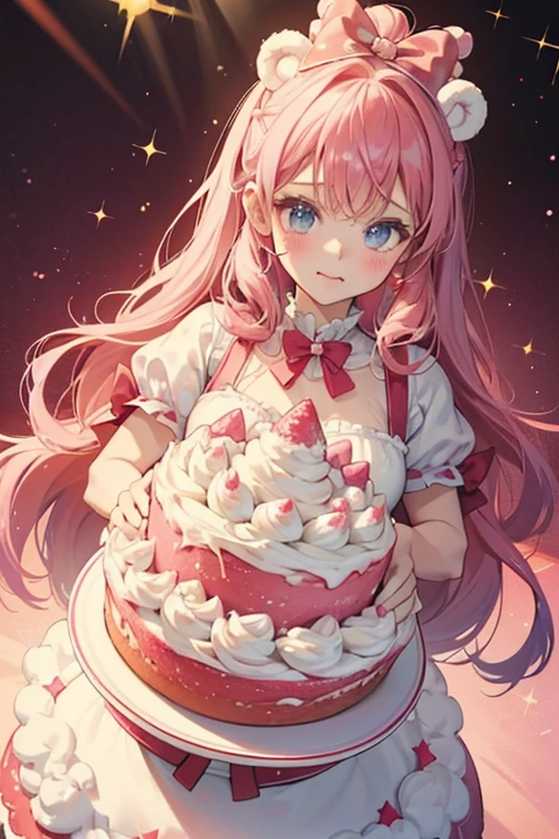 A red velvet cake girl bear with cream cheese ears to match the frosting around the middle and that piled high on top of her head, spilling down the front and decorated with hot pink sprinkles. She has a basic expression and wears baby pink bows. SPARKLE; GLITTER

