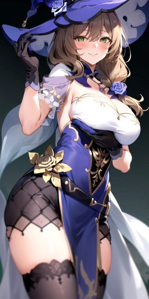 1girl, solo, lisadef, large breasts:1.6, (smiling, blushing:1.3), standing, (from below view), (grabbing breasts:1.6)
