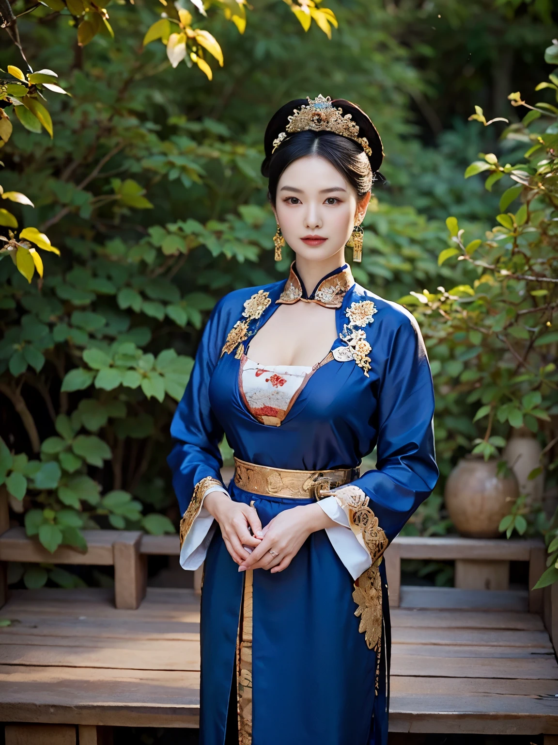  Close up shot, focus face  , stand on garden, looking at viewer, Chinese, 30 years-old, One of the three most beautiful women in the Chinese, A beauty known all over the world, (light Black hair, beautiful lip, smile, earring ), (big breasts, slender whist, wide hip ) ,(Silk Chinese clothing ,background wear color is Royal blue, Royal clothing, Chinese shoes ), in Chinese haven, (masterpiece, highest quality, High resolution, Photo realistic, sharp, RAW Photos, 8k wallpaper, perfection, Professional Lighting, Very detailed)
