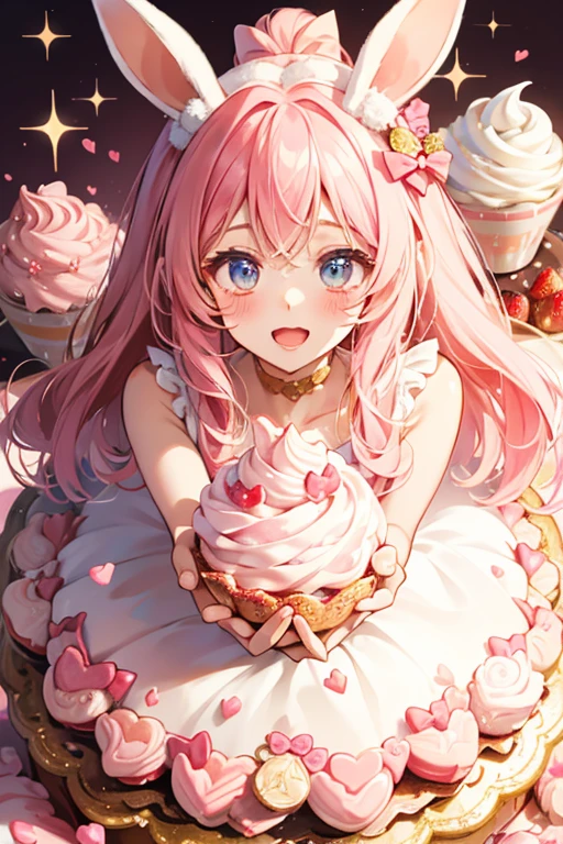A chocolate layered girl bunny  with pink cream in the middle and glittery pink cream piled high on top, adorned by a strawberry with stem. She has a squint-winking eye and wie opened mouth. She wears a cherry bow on her ears. SPARKLE; GLITTER