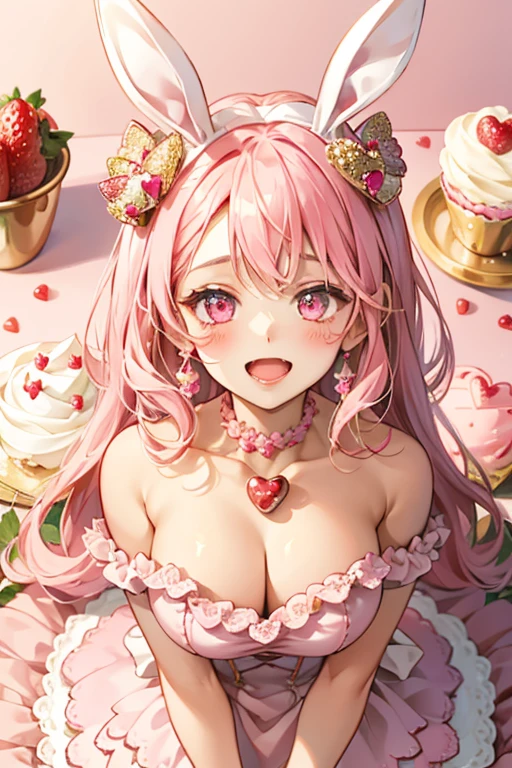 A chocolate layered girl bunny with pink cream in the middle and glittery pink cream piled high on top, adorned by a strawberry with stem. She has a squint-winking eye and wie opened mouth. She wears a cherry bow on her ears. SPARKLE; GLITTER