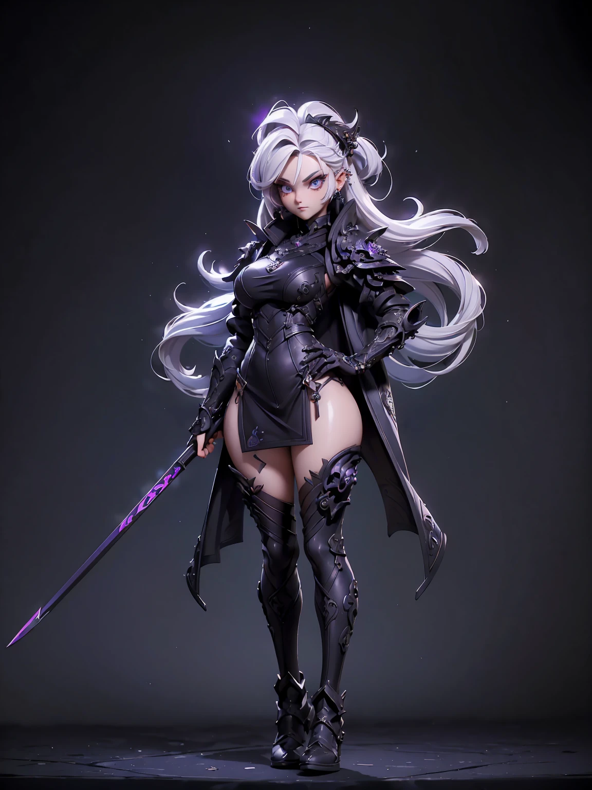 (((masterpiece, best quality, high detailed, 16k))) (1girl) A breathtakingly beautiful young girl with short stylish white hair and piercing eyes. She wears a demonic armor in purple black and white. wields a large stylized scythe. ((full body front view)), (extremely detailed:1.5)