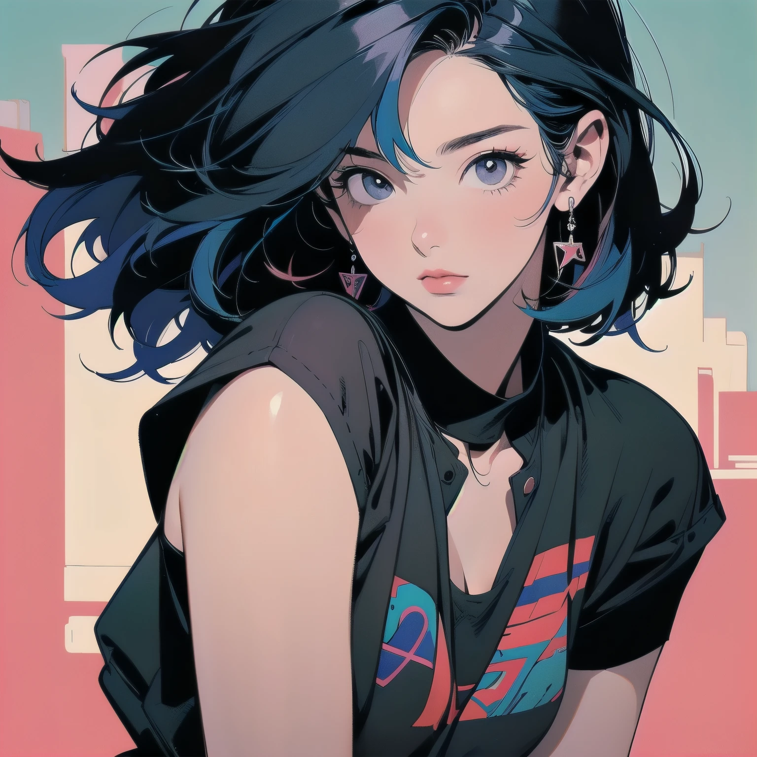Trigun、Persona、Beautiful woman、Movie Posters、Upper Body、Model pose、mysterious、Small breasts、Black Hair、Short sleeve、(((Hair color mixed with various colors)))