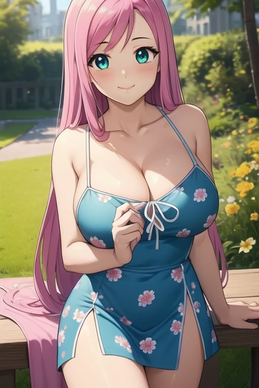 1 girl, 19 years old, Long pink hair, green eyes with slit pupils, master-piece, best quality, (standing up), (short dress), (floral, spaghetti strap, short blue summer light blue dress, no slit), (Big , ultra gigantic , Super super big, Glamorous body), Make eye contact with the camera, front figure, looking forward, (light_Smile:1.5), (Detailed hands and fingers:1.2) (In the sunny park), (FULL BODYSHOT), thighs thighs thighs thighs、beauty legs、Bare legs