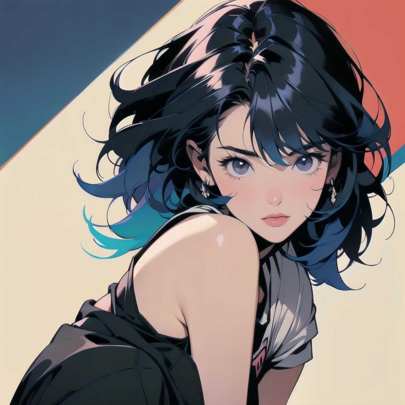 Trigun、Persona、Beautiful woman、Movie Posters、Upper Body、Model pose、mysterious、Small breasts、Black Hair、Short sleeve、(((Hair color mixed with various colors)))