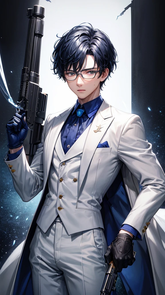 (HD), (ULTRA HD+++),(masterpiece), best quality, {{detailed image}}, half body potrait, {{18th boy with dark blue short hair}}, wear glasses, white eyes mixed with blue, wearing a white suit, hold weapon assault riffle in his hands, blood stains on his face and on his white suit,white background.